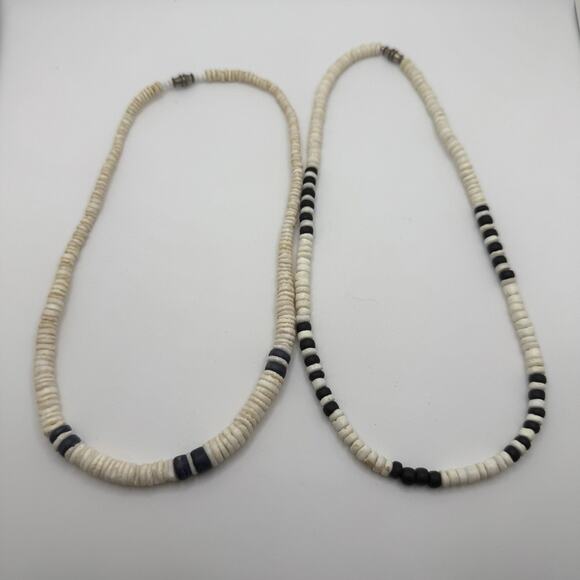 Vintage Jewelry - Two Vintage Puka Necklaces Ivory Navy Blue Beaded Surfer Beach Unisex 17in 18in